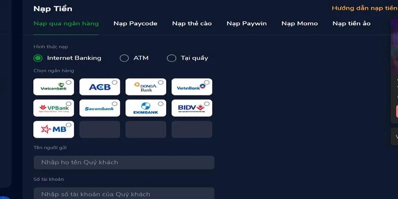 Nạp tiền nhanh chóng qua ngân hàng 